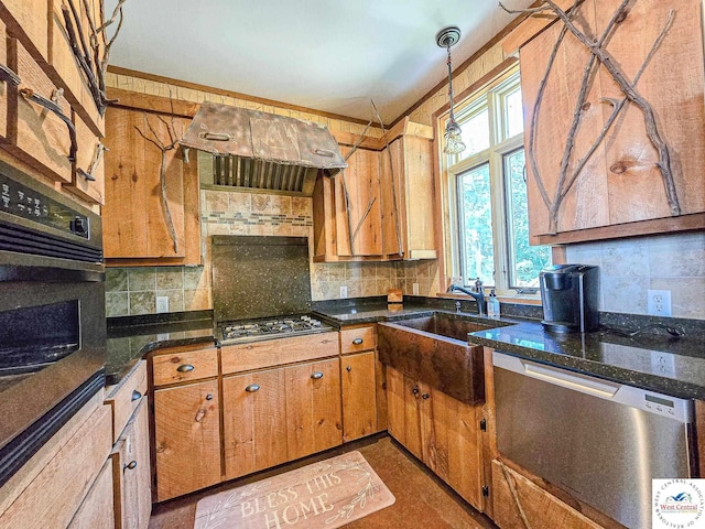 kitchen featuring backsplash, stovetop, stainless steel dishwasher, and oven