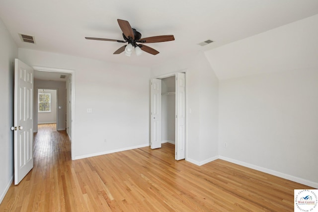 29950 Binder Rd, Green Ridge, MO 65332 - unfurnished bedroom with light wood-style floors, baseboards, a closet, and ceiling fan