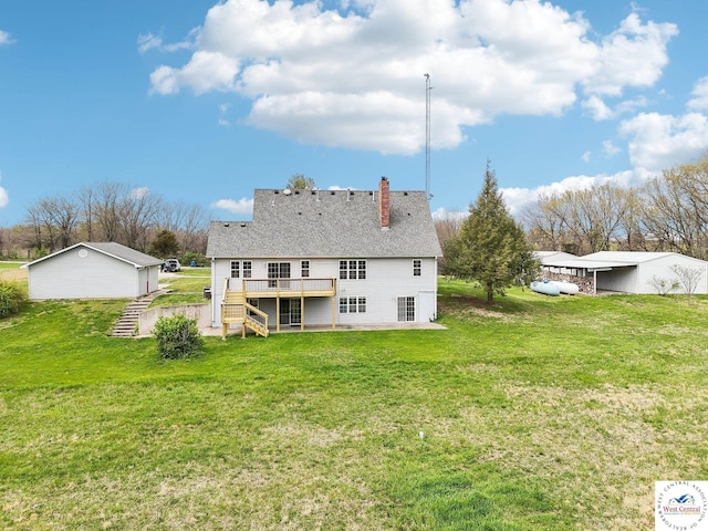29950 Binder Rd, Green Ridge, MO 65332 - back of property with a deck, stairway, a chimney, a lawn, and an outdoor structure