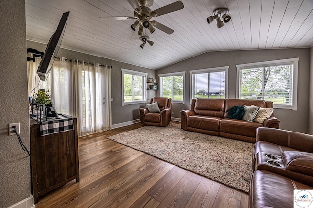 782 SE 250th Rd, Clinton, MO 64735 - living room featuring wooden ceiling, a ceiling fan, hardwood / wood-style floors, and lofted ceiling