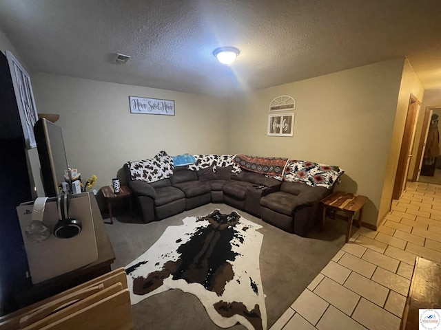 725 N Max Stevens St, Adrian, MO 64720 - carpeted living room with tile patterned flooring and a textured ceiling
