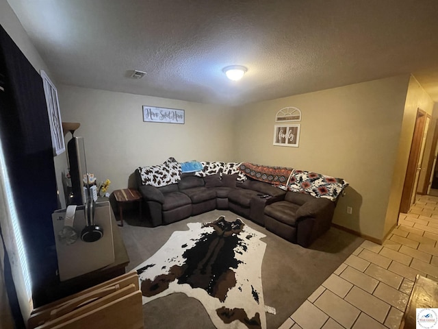 725 N Max Stevens St, Adrian, MO 64720 - carpeted living room featuring tile patterned floors, a textured ceiling, and baseboards