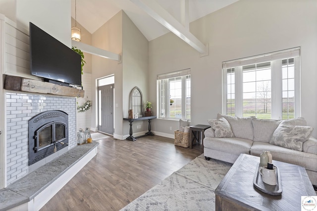 917 N Washboard Rd, Sibley, MO 64088 - living room with high vaulted ceiling, wood finished floors, baseboards, and a fireplace