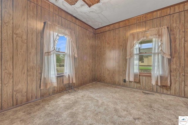 unfurnished room featuring wooden walls, visible vents, and carpet