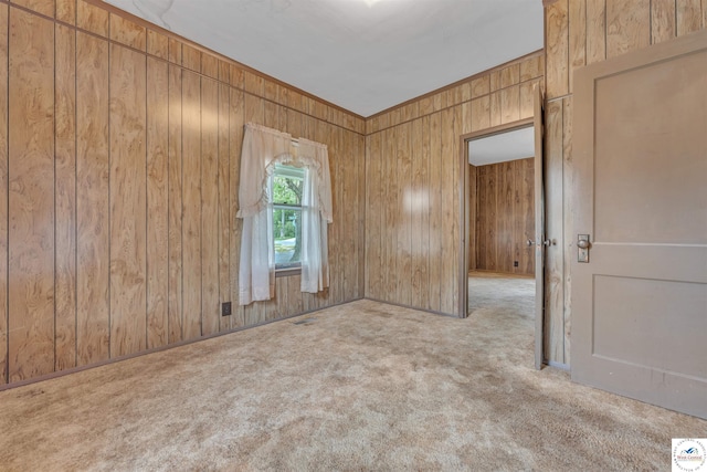 empty room with wooden walls and carpet flooring