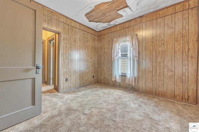 empty room with baseboards, carpet flooring, and wooden walls