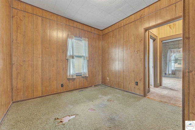 empty room with carpet flooring and wood walls