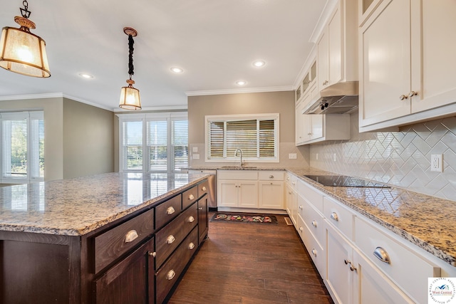 kitchen with under cabinet range hood, black electric cooktop, white cabinets, ornamental molding, and dark brown cabinets