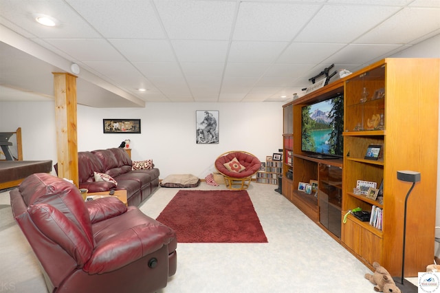 living area with carpet, a paneled ceiling, and recessed lighting