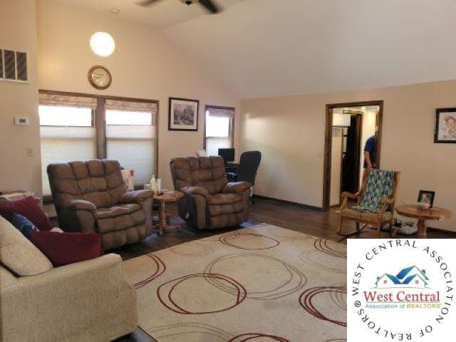 31150 Highview Rd, Edwards, MO 65326 - living area featuring wood finished floors, lofted ceiling, and ceiling fan