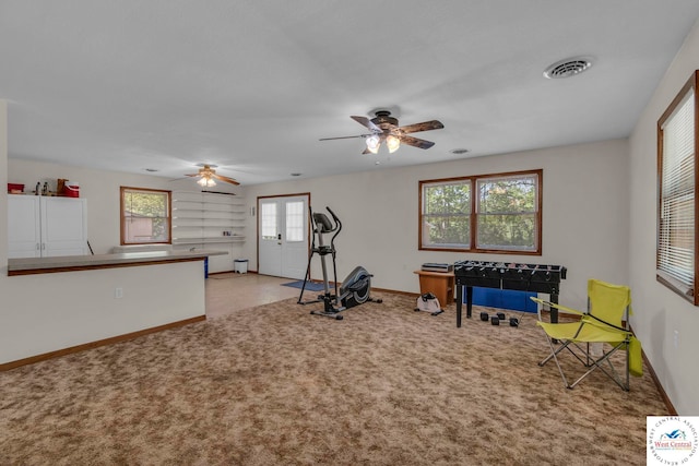 20390 Kindle Rd, Warsaw, MO 65355 - workout area featuring ceiling fan, carpet, and baseboards