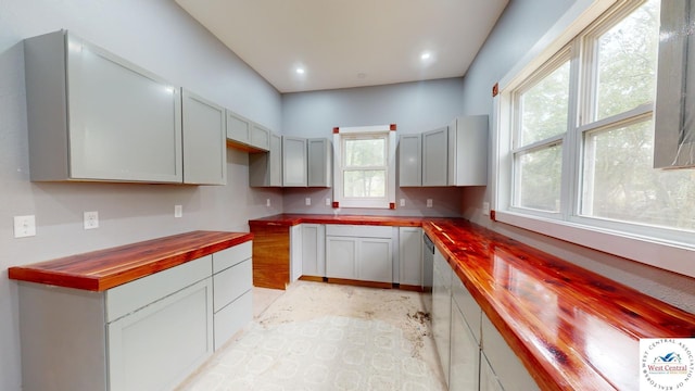 607 E Benton St, Windsor, MO 65360 - kitchen featuring recessed lighting, light floors, and butcher block countertops