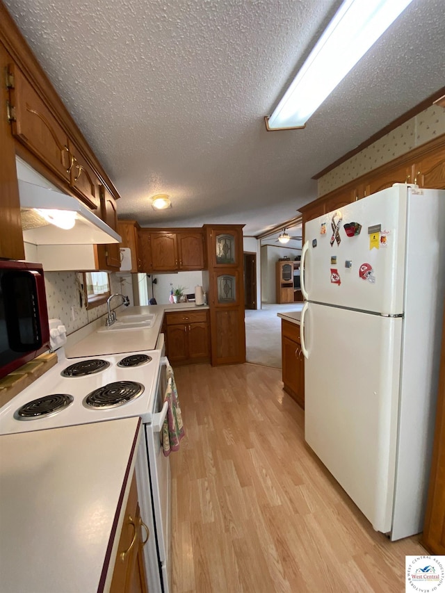 11371 Dawn Dr, Warsaw, MO 65355 - kitchen featuring white appliances, light wood-style flooring, brown cabinetry, a textured ceiling, and light countertops