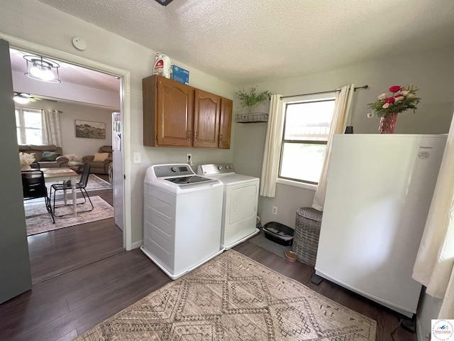 22756 Hickory Chapel Ave, Lincoln, MO 65338 - washroom with cabinet space, independent washer and dryer, dark wood-style floors, and a textured ceiling