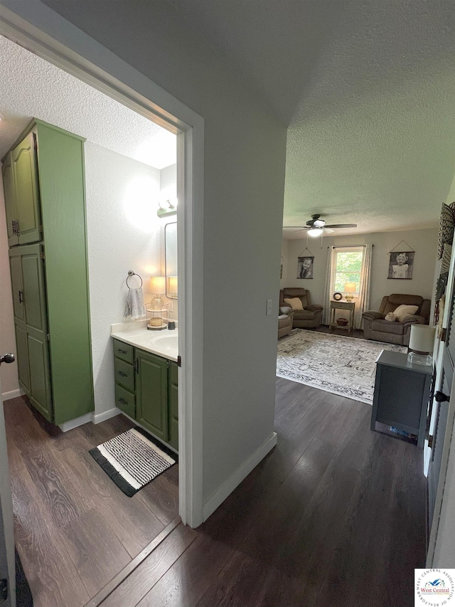 22756 Hickory Chapel Ave, Lincoln, MO 65338 - hallway with a textured ceiling, dark wood-style floors, baseboards, and a sink