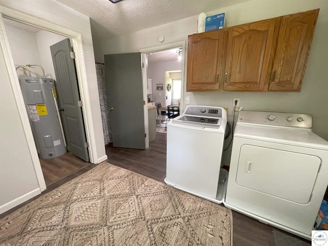 22756 Hickory Chapel Ave, Lincoln, MO 65338 - laundry area with electric water heater, independent washer and dryer, dark wood-type flooring, cabinet space, and a textured ceiling