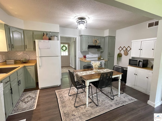 22756 Hickory Chapel Ave, Lincoln, MO 65338 - kitchen with white appliances, a sink, under cabinet range hood, green cabinets, and backsplash