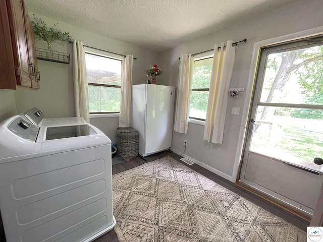 22756 Hickory Chapel Ave, Lincoln, MO 65338 - laundry room with cabinet space, dark wood finished floors, a textured ceiling, plenty of natural light, and baseboards