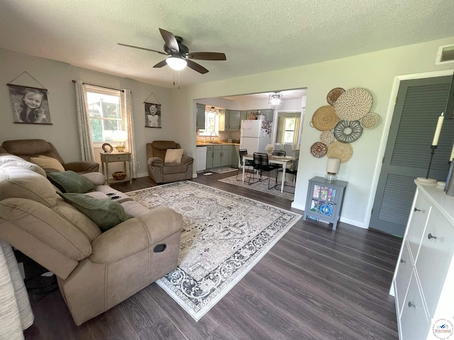 22756 Hickory Chapel Ave, Lincoln, MO 65338 - living area featuring a ceiling fan, dark wood-type flooring, a textured ceiling, and baseboards