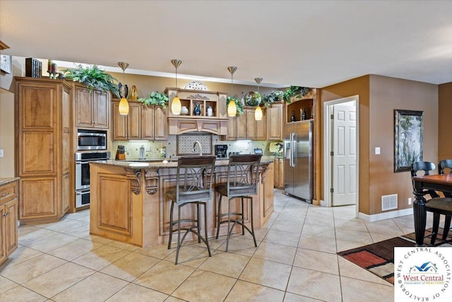 135 Windy Ln, Roach, MO 65787 - kitchen with decorative backsplash, stainless steel appliances, open shelves, light tile patterned floors, and visible vents