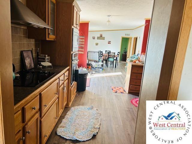 214 SE State St, Milan, MO 63556 - kitchen with glass insert cabinets, crown molding, extractor fan, appliances with stainless steel finishes, and wood finished floors