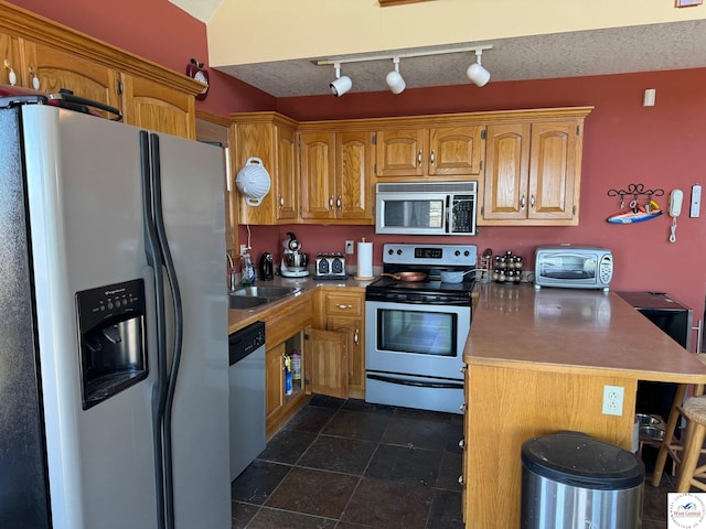 30342 Sassafras Dr, Warsaw, MO 65355 - kitchen featuring a sink, a peninsula, stainless steel appliances, rail lighting, and a toaster