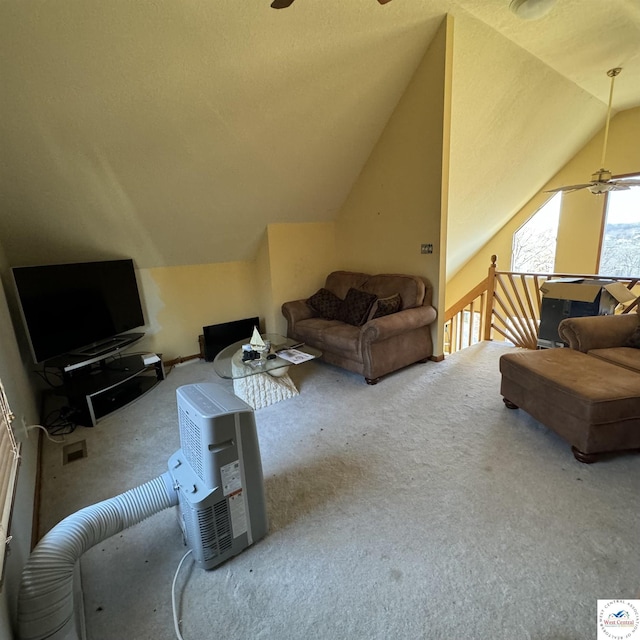 30342 Sassafras Dr, Warsaw, MO 65355 - living room with carpet, vaulted ceiling, and a ceiling fan