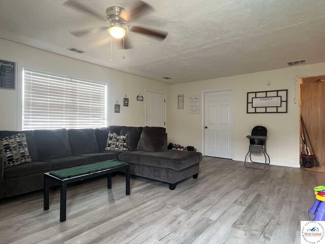 100 NW 4343 P Ln, Clinton, MO 64735 - living room featuring visible vents, ceiling fan, light wood-style floors, and a textured ceiling