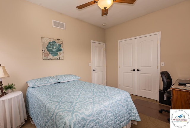 bedroom featuring visible vents, a ceiling fan, and a closet