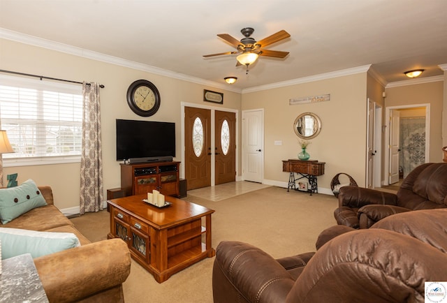 living room featuring crown molding, ceiling fan, light colored carpet, and a healthy amount of sunlight