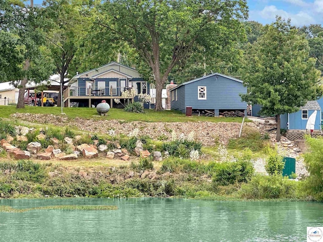 26684 Waterview Dr, Warsaw, MO 65355 - rear view of house with a deck with water view and an outbuilding