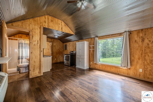 28848 Paradise Dr, Warsaw, MO 65355 - unfurnished living room featuring wood ceiling, a ceiling fan, dark wood finished floors, lofted ceiling, and wooden walls