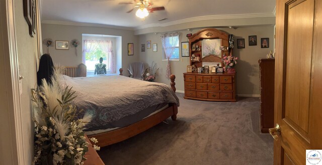 23111 Lange Rd, Cole Camp, MO 65325 - carpeted bedroom featuring visible vents, a ceiling fan, and ornamental molding
