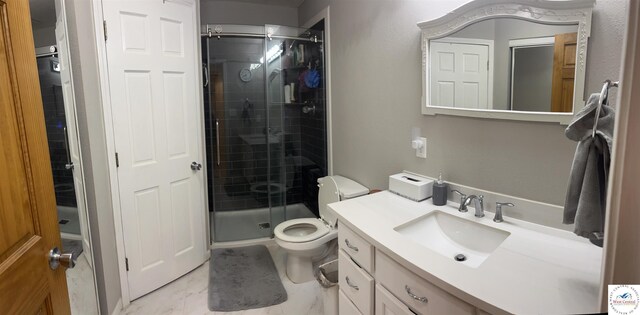 23111 Lange Rd, Cole Camp, MO 65325 - bathroom with marble finish floor, vanity, toilet, and a stall shower