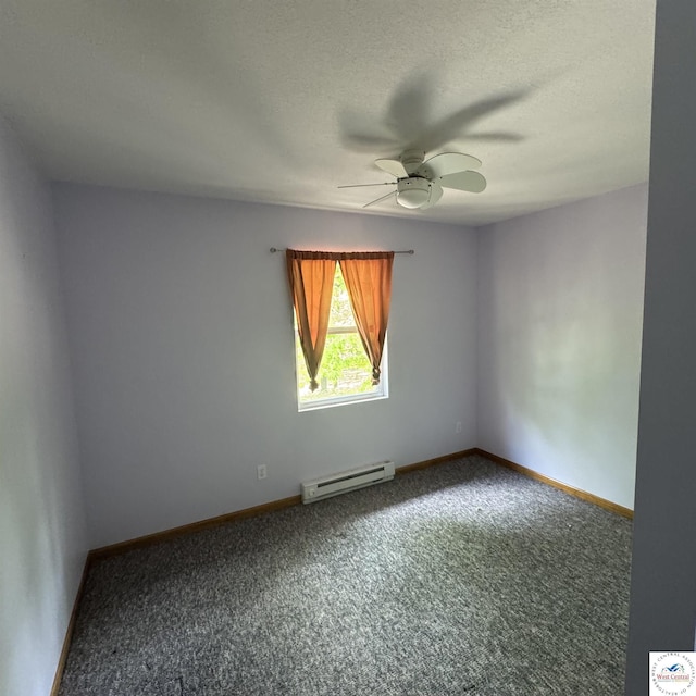 unfurnished room with carpet, a ceiling fan, baseboards, and baseboard heating