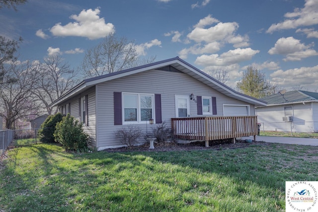 view of front of property with cooling unit, a front lawn, and fence