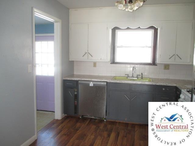 kitchen with a sink, dark wood-style floors, dishwasher, and tasteful backsplash
