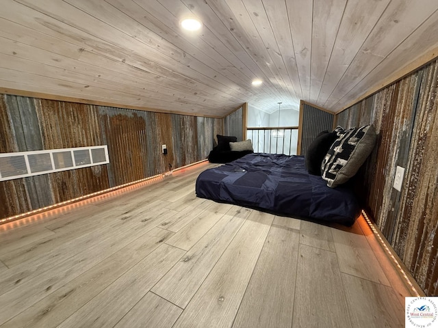 bedroom with wood-type flooring, wooden walls, lofted ceiling, wooden ceiling, and recessed lighting