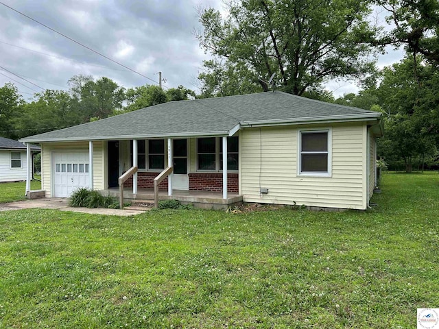 1511 Polk St, Warsaw, MO 65355 - view of front of house featuring an attached garage, covered porch, a front yard, driveway, and a shingled roof
