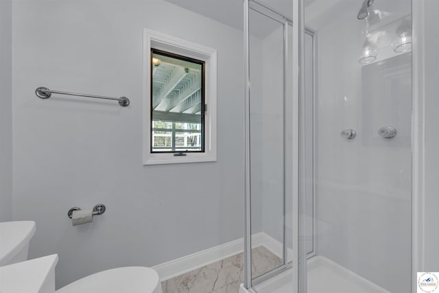 1715 Sycamore Dr, Sedalia, MO 65301 - full bathroom with marble finish floor, toilet, vanity, baseboards, and a stall shower