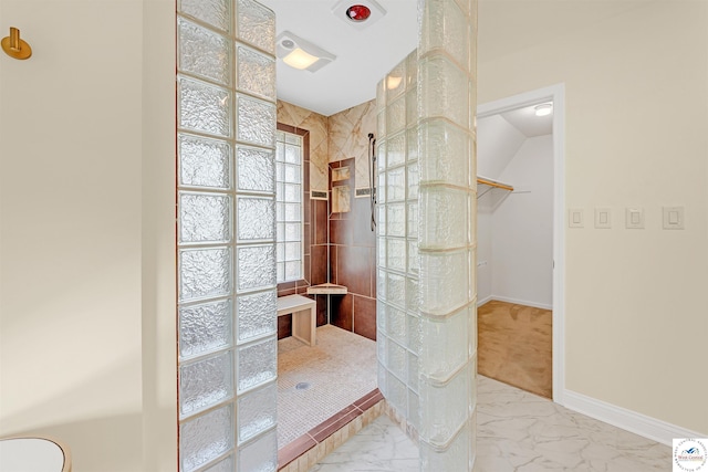 1715 Sycamore Dr, Sedalia, MO 65301 - bathroom featuring walk in shower, marble finish floor, and baseboards