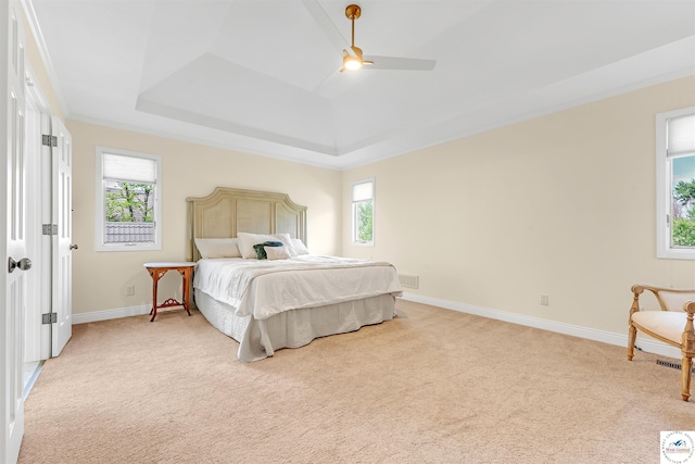 1715 Sycamore Dr, Sedalia, MO 65301 - bedroom with visible vents, baseboards, a tray ceiling, and light carpet