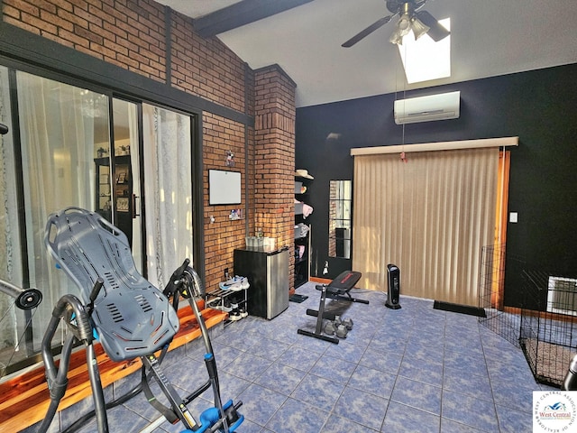 exercise area with a wall mounted air conditioner, a ceiling fan, high vaulted ceiling, and tile patterned flooring