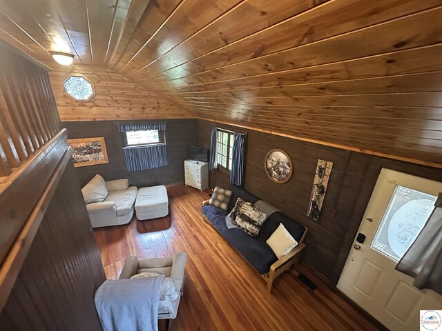 29193 Roundhouse Ave, Lincoln, MO 65338 - living room with wooden walls, wood ceiling, vaulted ceiling, and hardwood / wood-style floors