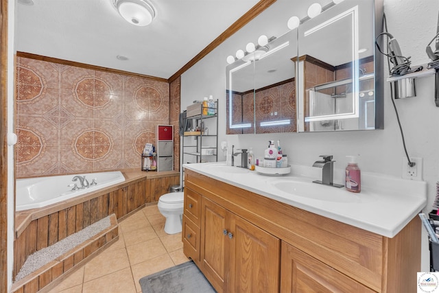 2510 Stephenson Ave, Sedalia, MO 65301 - bathroom featuring tile patterned flooring, a garden tub, crown molding, toilet, and double vanity