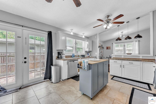2510 Stephenson Ave, Sedalia, MO 65301 - kitchen with dishwasher, a ceiling fan, white cabinetry, a kitchen island, and plenty of natural light
