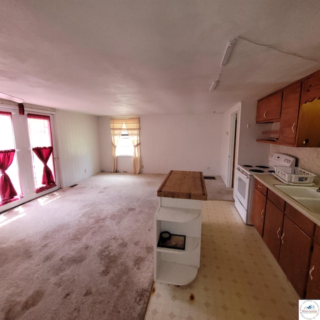 kitchen with white electric range, plenty of natural light, brown cabinetry, and a sink