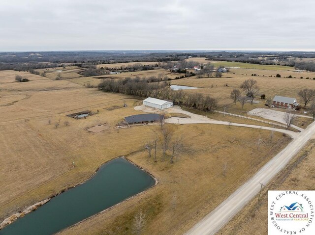 bird's eye view with a rural view and a water view