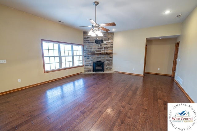 unfurnished living room featuring wood finished floors, visible vents, and a ceiling fan
