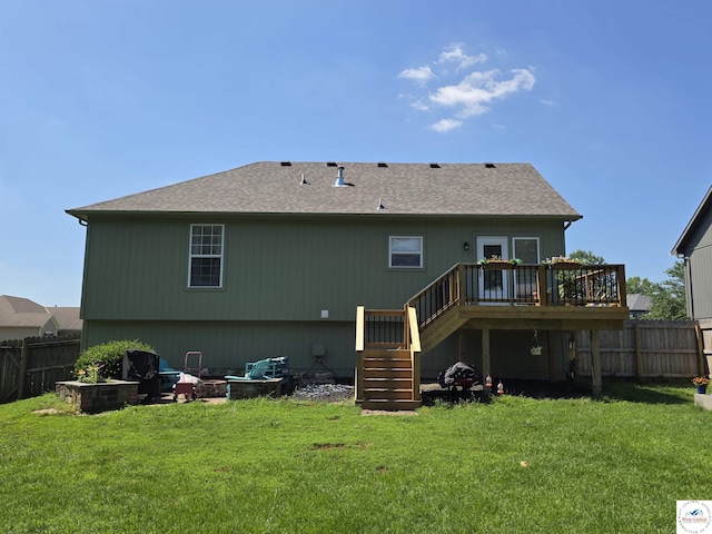 1010 NW Scenic Dr, Grain Valley, MO 64029 - back of house featuring stairway, a wooden deck, and a shingled roof